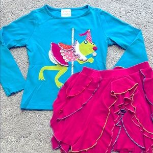 Lemon Loves Lime Blue Carousel Frog Top + Pink Cascading Skirt Size 6 LN